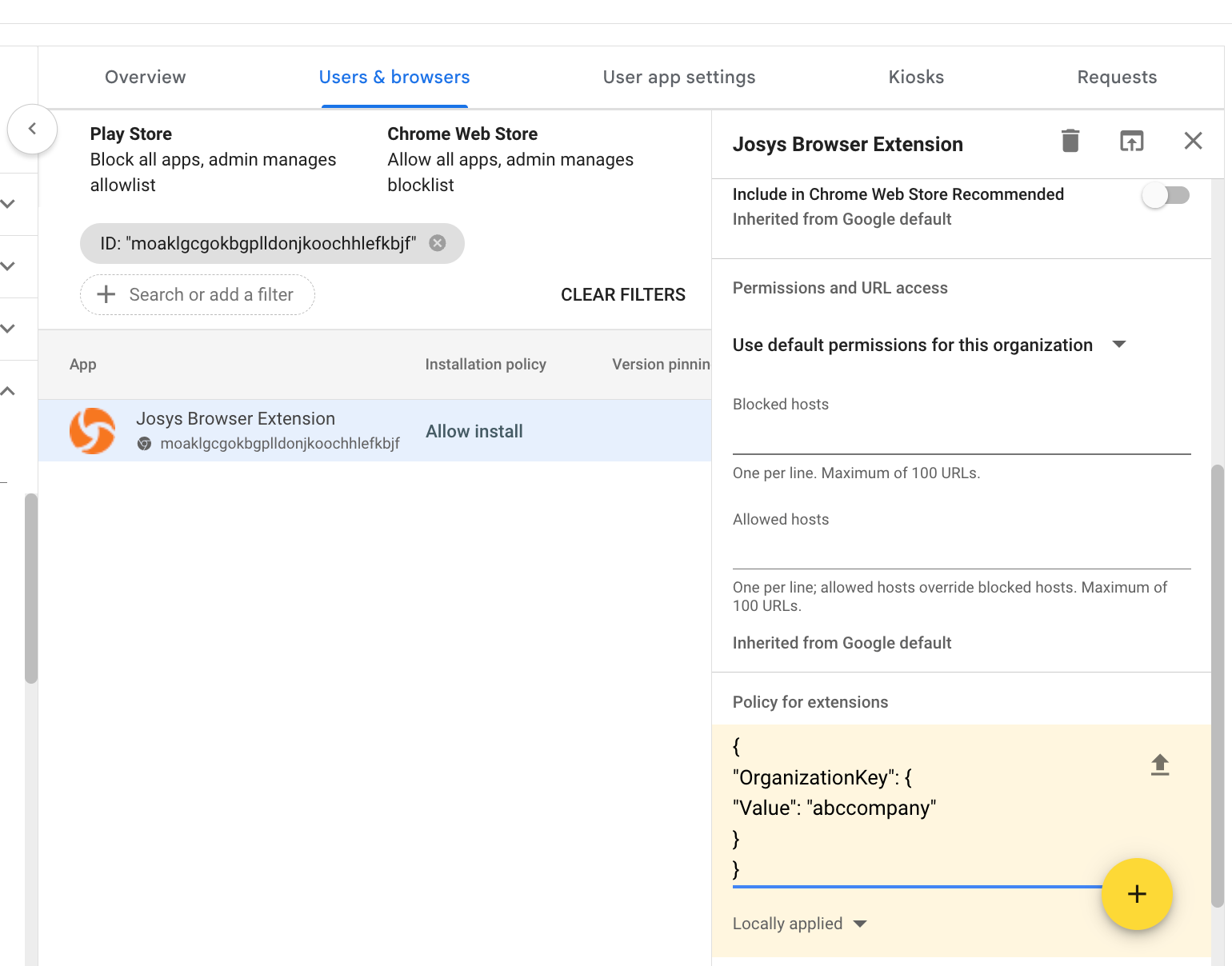 Extension policy configuration example